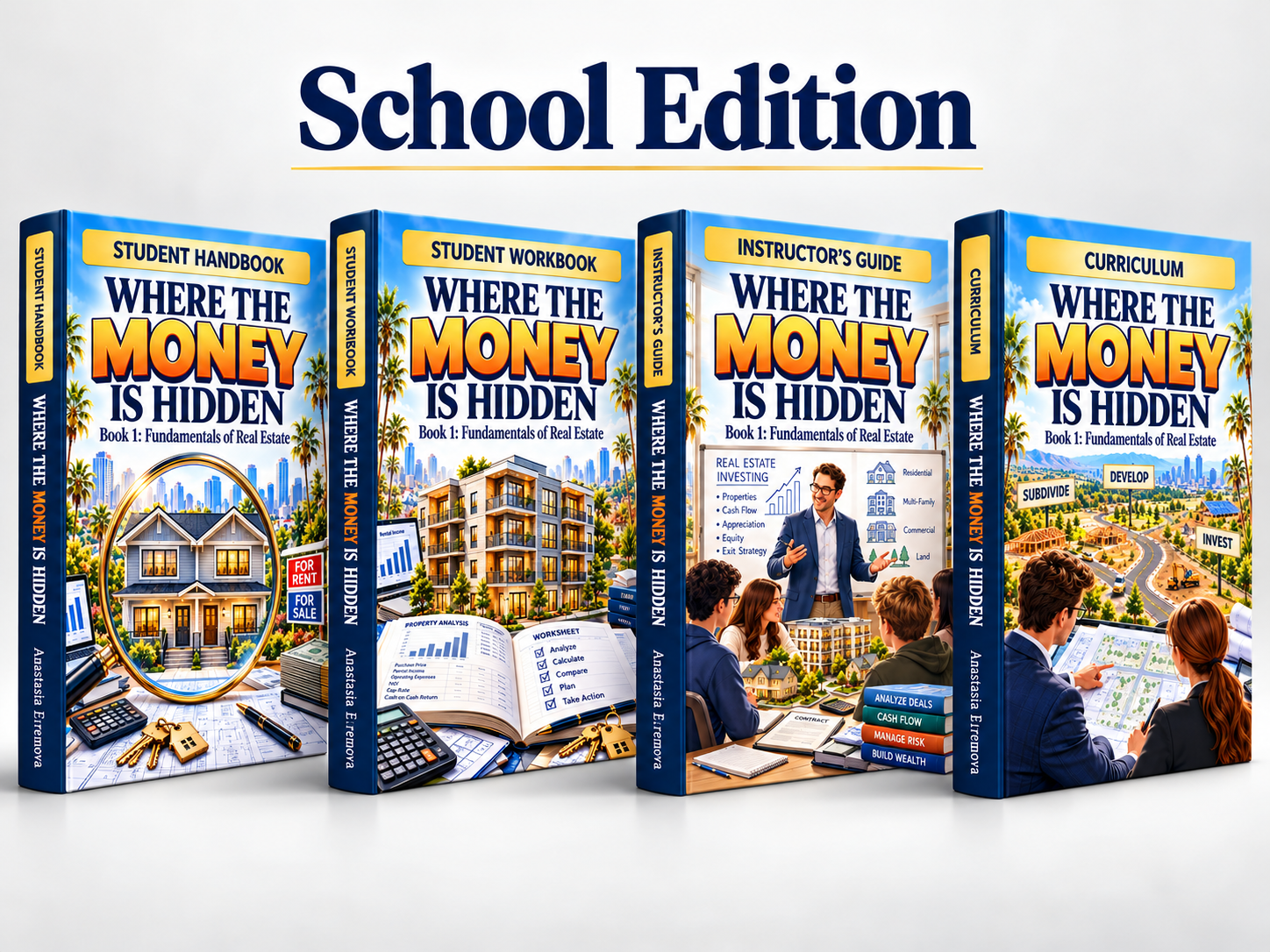 School Edition of the Teens Real Estate Investment Toolkit showing the Student Handbook, Student Workbook, Instructor’s Guide, and Curriculum